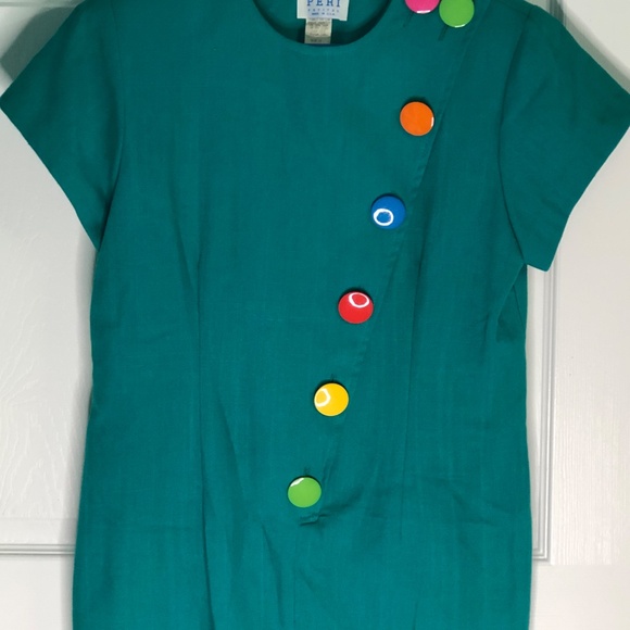 **SOLD*** Vtg 80s~Peri Petites~Green Multi Color Large Buttons Shift Dress~14/L - Picture 4 of 11